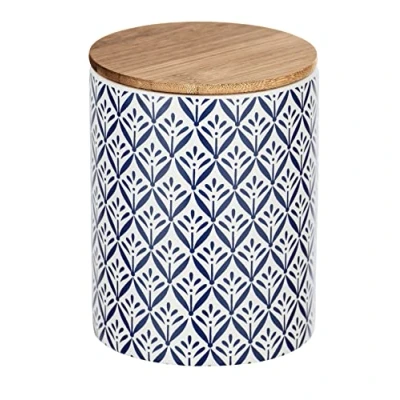Image de Wenko 54095100 boîte de rangement lorca avec couvercle en bambou, capacité : 0,95 l, céramique, 11 x 14,5 cm, bleu/ blanc