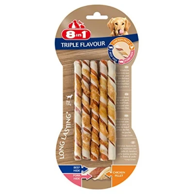 Afbeelding van 8in1 Delights Twisted Sticks Triple Flavour Hondensnacks Kip Varken Rund 70 g 10 stuks