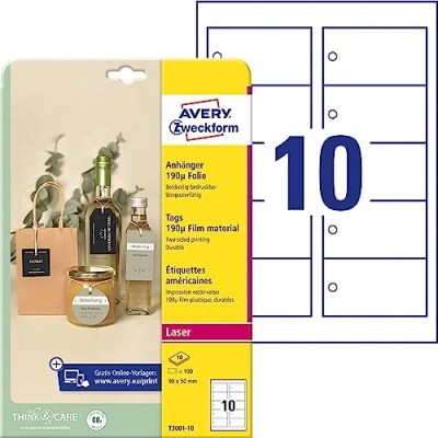 Afbeelding van Avery Zweckform T3001 10 Labels 90 x 50 mm Polyester Wit 100 stuk(s) Niet hechtend Laser (kleur), (zwart/wit)