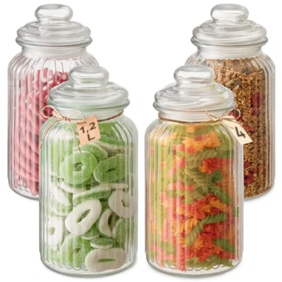 Afbeelding van Snoeppot van glas, 1,2 l, 4 snoeprepen glas met luchtdicht deksel en etiketten, doos voor koekjes, granen gedroogde vruchten