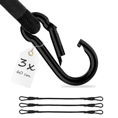 Afbeelding van ECENCE 3 x elastische riem met karabijnhaak, 60 cm, zwart, spanband, spanbanden voor bagagedrager, verlengkabel, spankabel fiets, auto, bagage