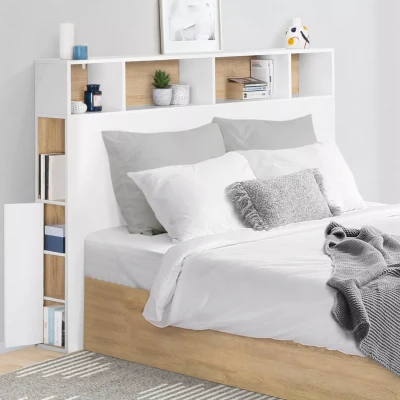 Afbeelding van Tête de lit CLEO 165 CM avec rangements blanc et hêtre