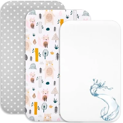 Afbeelding van Lovely Hippo Cododo hoeslaken + 1 matrasbeschermer, compatibel met Bébé 100% katoen matrasbeschermer waterdicht (bosdieren, 83 x 50 cm)