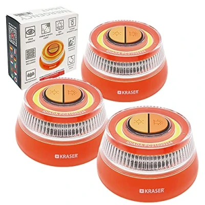 Afbeelding van KRASER KR4V16NP3 Set van 3 stuks noodverlichting, auto, verkeerslicht, noodlicht, zwaailicht, intense led, goedgekeurd magnetisch noodbaken, zelfstandig werkend, compact + zaklamp
