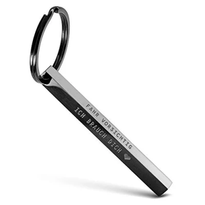 Afbeelding van FABACH Cuboid sleutelhanger van roestvrij staal met opschrift &quot;Fahr vorsichtig ich braucht Dich&quot;, zilver, 1 stuk, zilver.
