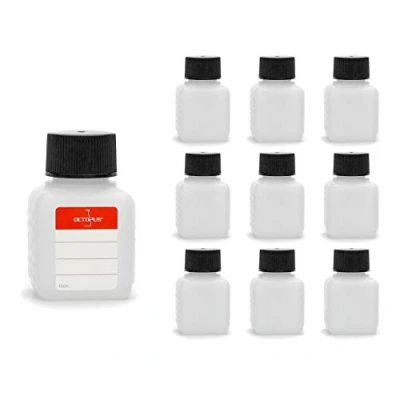 Afbeelding van Octopus plastic flessen, 10 x 50 ml, PE HD flessen met zwarte schroefdop, lege vierkante inclusief tien etiketten.
