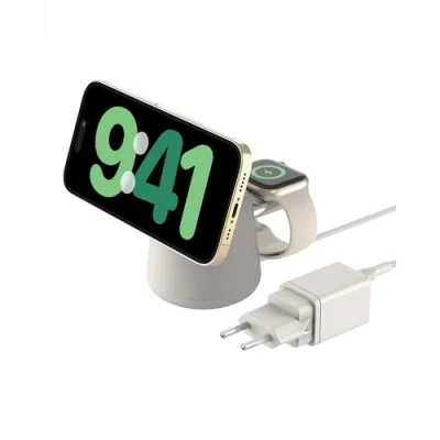 Afbeelding van Belkin BoostCharge Pro 2 in 1 laadstation met Qi2 (15 W, MagSafe compatibel, voor iPhone 16, 15, 14, 13, 12, Apple Watch, AirPods en andere apparaten, incl. voedingsadapter, beige)