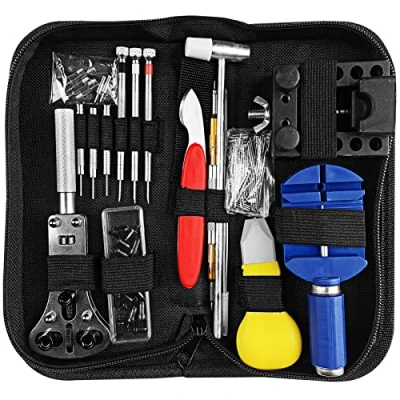 Afbeelding van Newpop 147 delige horlogemakers gereedschapsset voor horlogereparatie, armbandinstelling, batterijwisseling, dekselopening, schroevendraaier, veerstang, zwart., Rond