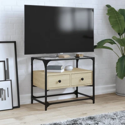 Afbeelding van Tv meubel met glazen blad 60x35x51 cm bewerkt hout sonoma eiken
