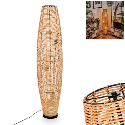 Afbeelding van Mulstrand Moderne vloerlamp van metaal/rotan zwart/naturel, lamp in boho design met roosterkap, aan/uit schakelaar aan de kabel en lichteffect, 3 x E27, zonder gloeilamp