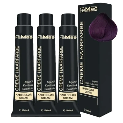 Image de FemMas Pure &amp; Mix Lot de 3 colorations pour cheveux 100 ml Enrichies à l’huile d&#039;argan, la kératine et aux céramides Idéales une teinte professionnelle permanente Violet