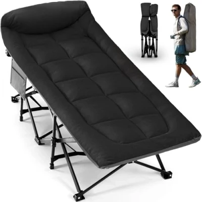 Afbeelding van Overmont Campingbed, inklapbaar, logeerbed, draagbaar, XL, belastbaar tot 250 kg, antislip eenpersoonsbed met kussen, opbergtas, draagtas voor campers, tenten, reizen