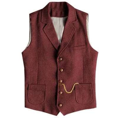 Afbeelding van Tuikayoo Western Herringbone tweed vest voor heren, slim fit, bordeauxrood, 3XL