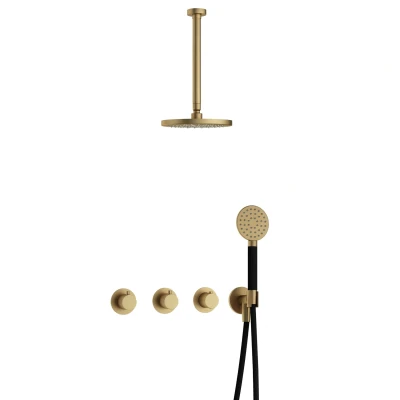 Afbeelding van Hotbath Cobber Regendoucheset IBS70 Geborsteld Messing Ronde handdouche 20cm Hoofddouche 30cm Plafondbuis Handouche met wandhouder