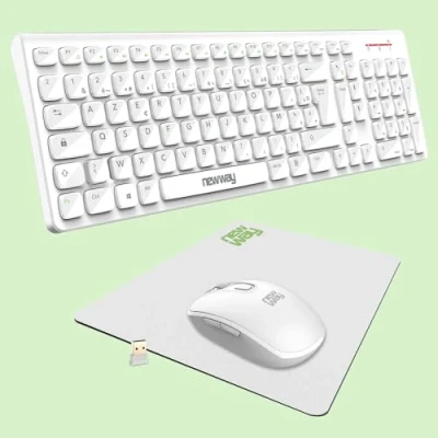 Afbeelding van NEWWAY RF02 draadloos toetsenbord met mat Frans (AZERTY) 105 toetsen 13 multimedia sneltoetsen wifi muis 2,4 GHz 6 compacte USB ontvanger wit