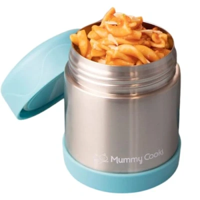 Afbeelding van Mummy Cooks Lunchbox Thermosbox voor kinderen en baby&#039;s, geïsoleerde luchtdichte container, warme of koude maaltijden, van roestvrij staal, 300 ml (blauw) STICKERS GRATIS