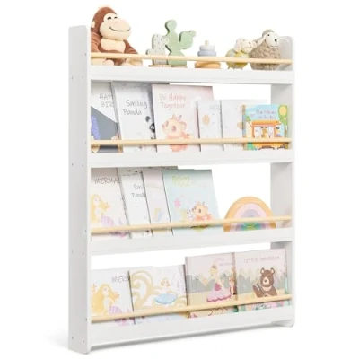 Afbeelding van SONGMICS Wandboekenkast voor kinderen, boekenkast, 4 planken, kinderboekenkast, speelkamer, school, ruimtebesparend, wit, GKR014W01