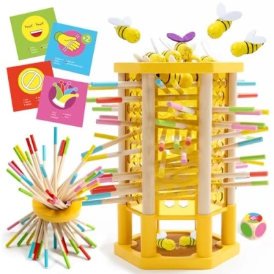 Afbeelding van Nene Toys BeeFall, Montessori 4 in 1 speelgoed voor kinderen van 3 tot 9 jaar, educatief spel hout met bijenkolonie, 12 bijen, kleurrijke stokken, dobbelstenen en kaarten, familiespel