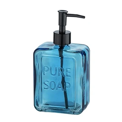 Image de WENKO distributeur de savon Pure Soap rechargeable en verre haute qualité, généreux désinfectant pour cuisine, salle bain et WC d&#039;invités, capacité 550 ml, 9,5 x 20 6 cm, bleu