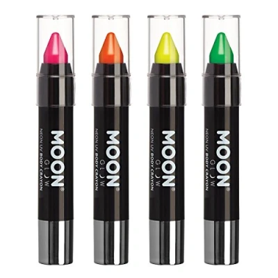 Afbeelding van Moon Glow Neon UV verf stick voor gezicht / make up potlood en lichaam gloeit helder onder verlichting, verpakking van 4