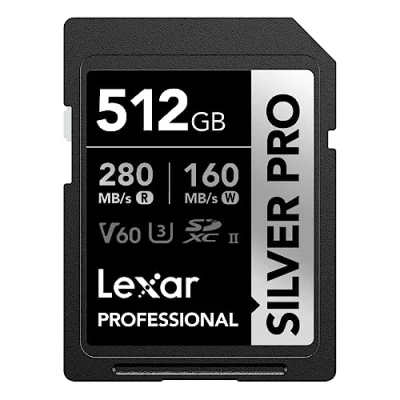 Afbeelding van Lexar Silver Pro SD kaart 512 GB, SDXC UHS II, V60, U3, C10, tot 280 MB/s lezen, voor professionele fotograaf, videograaf, liefhebber (LSDSIPR512G BNNAA)