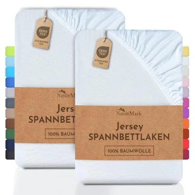 Afbeelding van NatureMark Set van 2 hoeslakens jersey, 100% katoen, in verschillende maten en kleuren, Öko Tex Standard 100 kwaliteit, 90 x 200 cm, wit