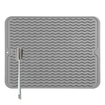 Afbeelding van Siliconen afdruipmat voor servies, 50 x 40 cm, BPA vrij, serviesdroogmat, hittebestendig, antislip, afdruipmat, met spons reinigingsborstel (grijs)