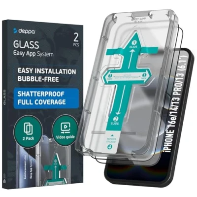 Afbeelding van Deppa [2 stuks] gehard glas iPhone 13 Pro/13/14 (6,1 inch) [volledige afdekking] met eenvoudige installatieset, displaybeschermfolie [video installatiehandleiding]
