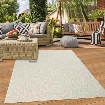 Afbeelding van Teppich Traum Vloerkleed voor buiten, balkon, terras, winter, weerbestendig, binnen, jute, look, motief lijnen in cirkelvorm, crème, 160 x 230 cm