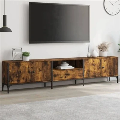 Afbeelding van Tv meubel met lade 200x25x44 cm bewerkt hout gerookt eikenkleur