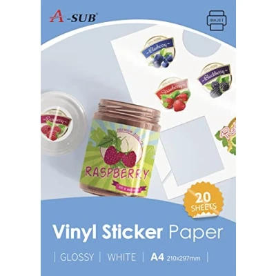 Afbeelding van A SUB Hoogwaardig, bedrukbaar vinylpapier, glanzend, wit, zelfklevend, vinyl etiketten voor inkjetprinters, A4 formaat, 20 vellen
