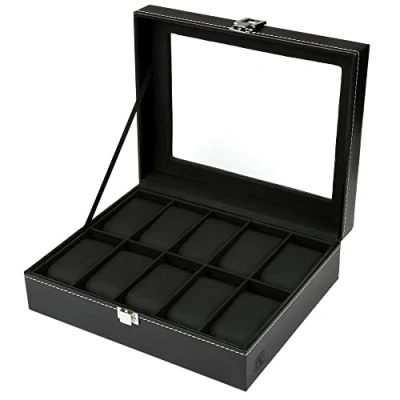 Afbeelding van H &amp; S® glazen deksel 10 polshorloge sieraden display opbergdoos case armband kunstleer blad zwart