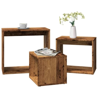 Afbeelding van 3 delige Tafeltjesset bewerkt hout oud houtkleurig