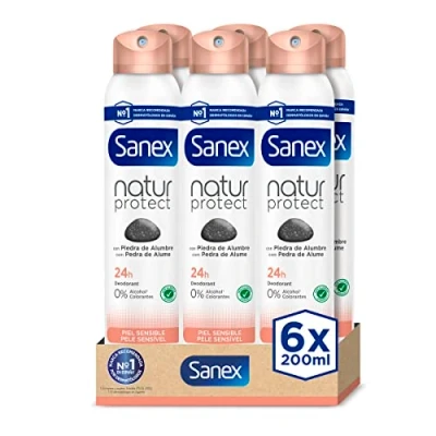 Afbeelding van Sanex Natur Protect Deospray, 6 stuks, 200 ml, 24 uur bescherming tegen slechte geurtjes, met liefdessteen, 0% alcohol, zonder allergenen en kleurstoffen, gevoelige huid