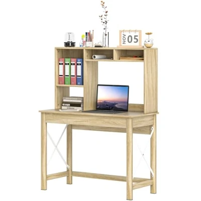 Afbeelding van HOMCOM bureau met opbergruimte, boekenkast, modern houten planken en groot blad voor kleine ruimtes, thuiskantoor slaapkamer, 105 x 50 137,5 cm, eiken look