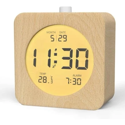 Afbeelding van aboveClock digitale wekker van hout, wekker, lcd klok met datumweergave, temperatuur, snooze functie, achtergrondverlichting, werkt op batterijen, licht hout