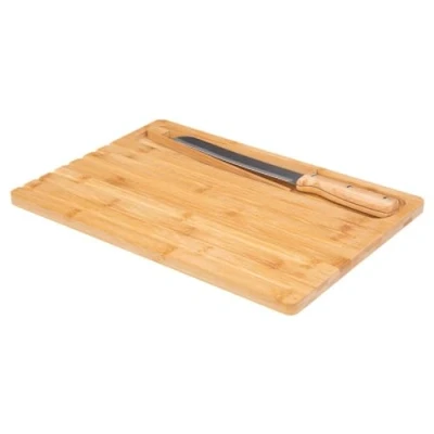 Afbeelding van Brood snijplank 40 x 27 cm van bamboe hout inclusief broodmes en pincet Serveerplank Broodplank