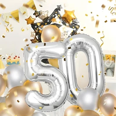 Afbeelding van Ballonnen verjaardag 50, zilver, 100 cm, ballon cijfer nummer Happy Birthday decoratie, ballonnen, verjaardagsfeest, jaren vliegen dankzij heliumballonnen 50