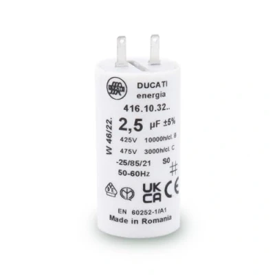 Afbeelding van Ducati condensator 2,5 μF speciaal SOMFY rolluik 2,8 mm cilindrische met twee klemmen Faston type voor rolluikreparatie hoge kwaliteit lange levensduur platte bodem 450 V