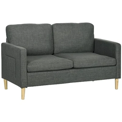 Afbeelding van HOMCOM 2 zitsbank, eigentijdse stijl, hoezen op de armleuningen, poten van hout, bekleding stof, linnenlook grijs