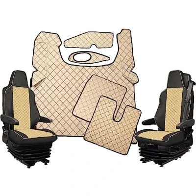 Afbeelding van Vloermatten + stoelhoezen beige 1+1 eco leer voor TGX vrachtwagens vanaf 2021 Euro 6 / 7 twee dashboardmatten