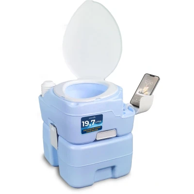 Afbeelding van SereneLife Draagbaar Camping Toilet, 120 Spoelbeurten, Lekvrij, Gemaakt van Duurzaam PE Materiaal, Afneembare Afvaltank met Handspuit en Telefoonhouder, 20l