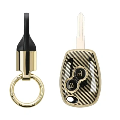 Afbeelding van kwmobile autosleutel hoesje met sleutelring geschikt voor Renault Dacia 2 knops Sleutel case sleutelhanger Metallic Carbon design in goud / zwart