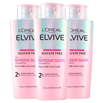 Image de L&#039;Oréal Paris Elvive Glycolic Gloss Shampooing à l&#039;acide glycolique pour cheveux éteints et poreux éclat intense durable 3 flacons de 200 ml