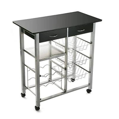 Afbeelding van Versa Leicester Keukenwagen met wielen, laden en flessenhouder, keukenopslag, afmetingen (h x b l) 82 40 76 cm, hout metaal, kleur zwart