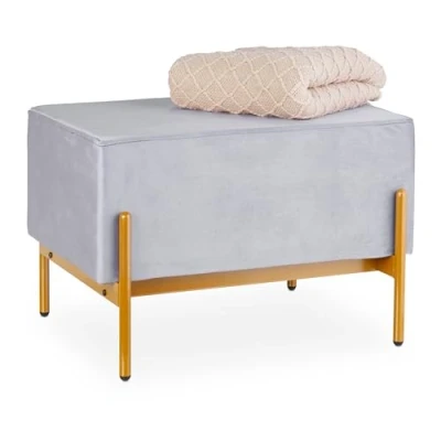 Afbeelding van Relaxdays zitbank fluweel met metalen poten slaapkamer 40 x 60 43 cm halbank grijs