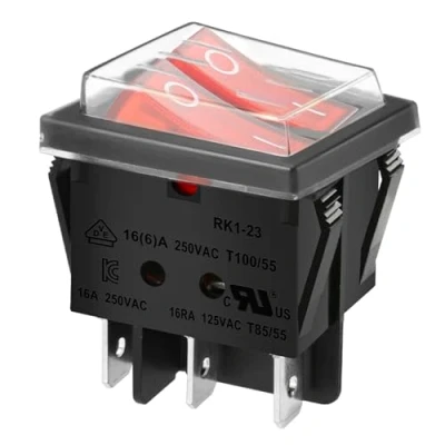 Afbeelding van Heschen SPST dubbele tuimelschakelaar, 6 klemmen, rood licht 16 A, 250 V AC, met waterdichte afdekking.