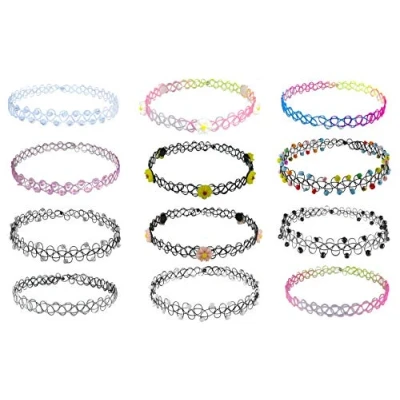 Afbeelding van &quot;4U&quot; Choker kettingset met 12 delige decoratieve halsband, halskettingen, choker, modieus sieraad, mode accessoires voor dames, meisjes en kinderen, elastisch rubber/kunststof, kleurrijk chic