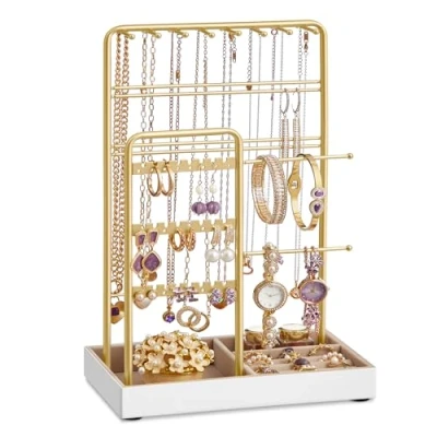 Afbeelding van SONGMICS JJS021A01 Sieradenstandaard met metalen frame en fluwelen niveau, houder voor oorbellen, armbanden, studs ringen, cadeau idee, goud