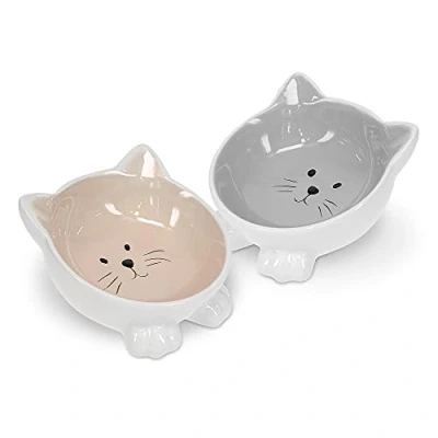 Afbeelding van Navaris 2x voerbakjes voor katten Voederbak en drinkbak kat van keramiek Design in de vorm een kattenkop grijs/beige Vaatwasserbestendig